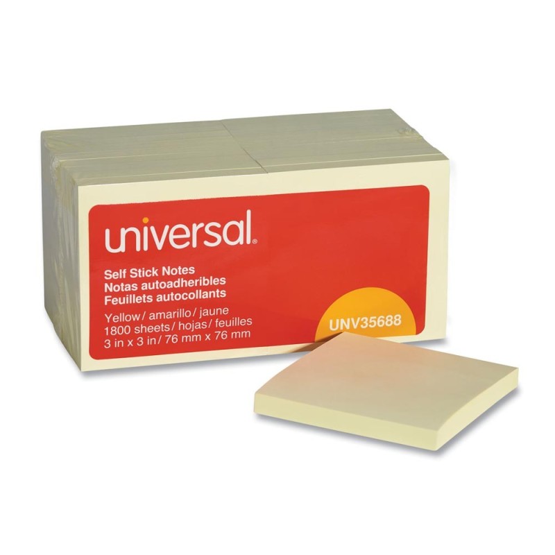 Notas Adhesivas 3'' X 3'' (7.62 X 7.60 Cm), Universal, Color Amarillo, Paq/18 con 100 c/u