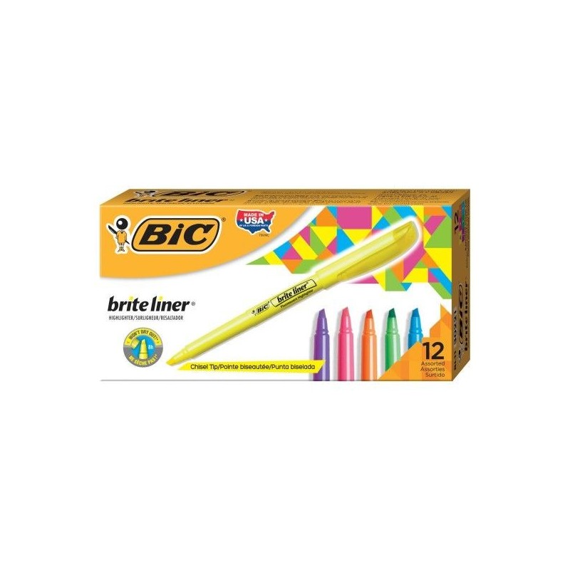 Resaltadores Bic Brite Liner, Estilo Bolsillo, Punta Biselada, Colores Surtidos, Caja/12