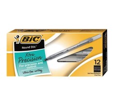 Bolígrafo Punto Fino 0.8 mm, Bic® Round Stic Xtra Precision, Cuerpo Translucido, Tinta Negra, Caja/12