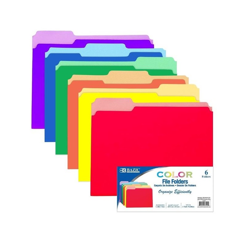 Folder para archivo Bazic, Tamaño Carta, 1/3 Pestaña Superior, Colores variados, Paquete/6