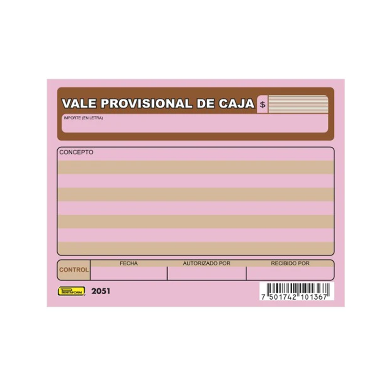 Vale Provisional de Caja Printaform, de 1/4, Block/50 Hojas