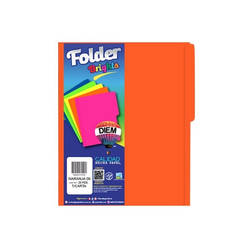 Folder de Archivo Tamaño Carta, Con Pestaña Lateral, Diem, Color Naranja, Paquete/25