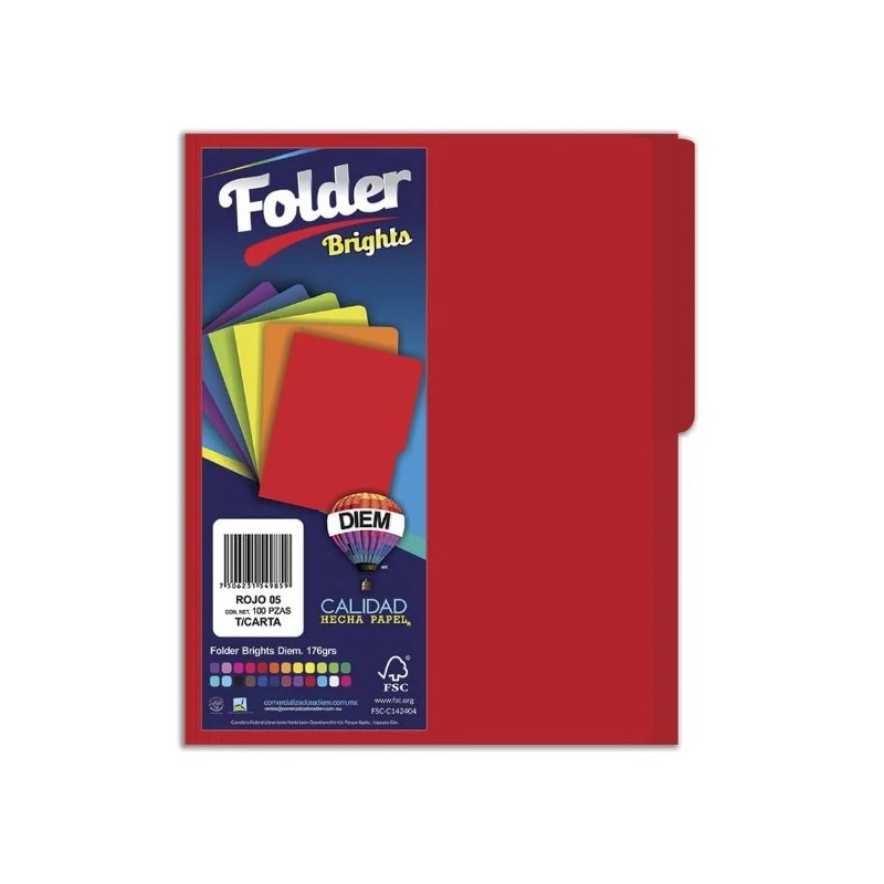 Folder de Archivo Tamaño Carta Rojo Diem, con Pestaña Lateral, Paquete/25