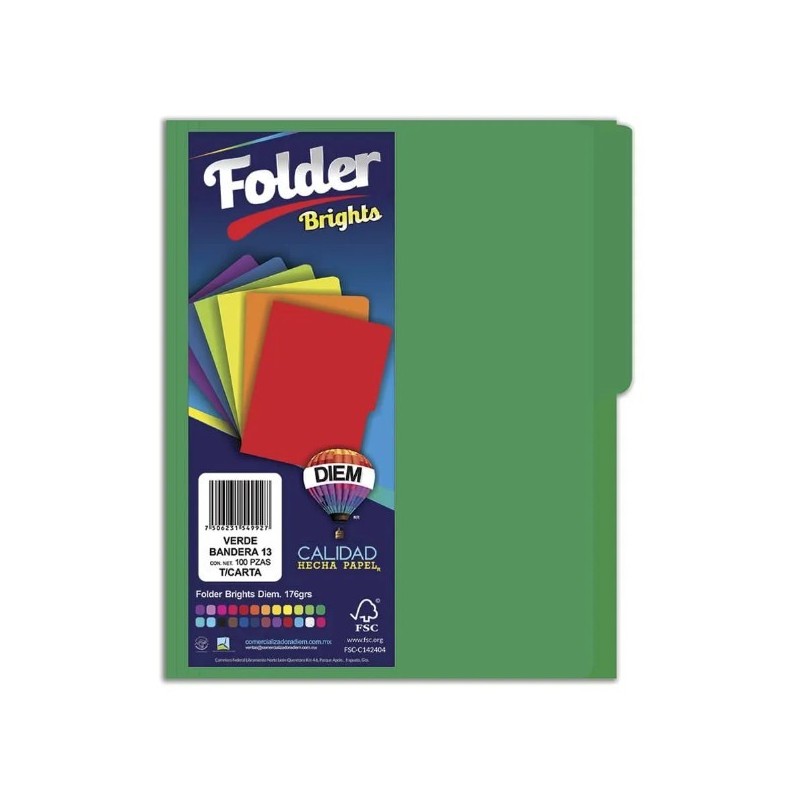 Folder de Archivo Tamaño Carta, Con Pestaña Lateral, Diem, Color Verde Bandera, Paquete/25