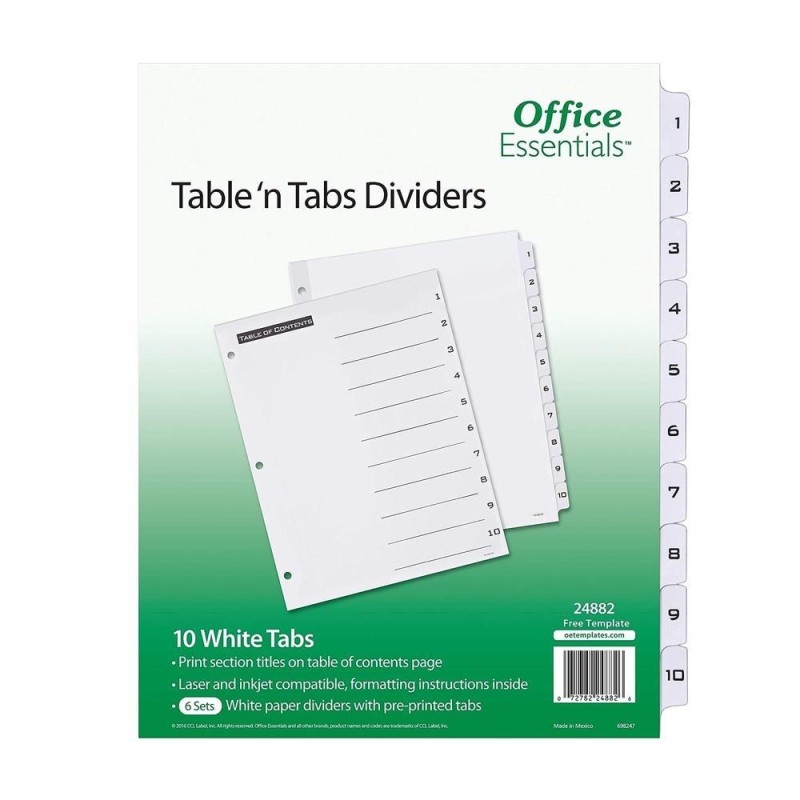 Separadores para hojas, Tamaño Carta, Color blanco, Pestañas Numéricas (1-10), Paquete/10