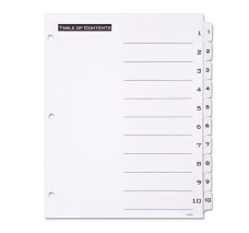 Separadores para hojas, Tamaño Carta, Color blanco, Pestañas Numéricas (1-10), Paquete/10