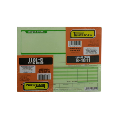Póliza de Cheque Printaform, 1/2 Oficio, Paquete/3 Blocks de 25 Hojas c/u
