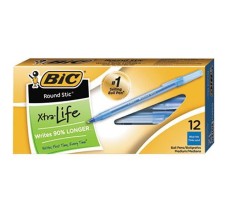 Bolígrafo Punto Fino 0.8 mm, Bic® Round Stic Xtra Precisión, Cuerpo Translucido, Tinta Azul, Caja/12
