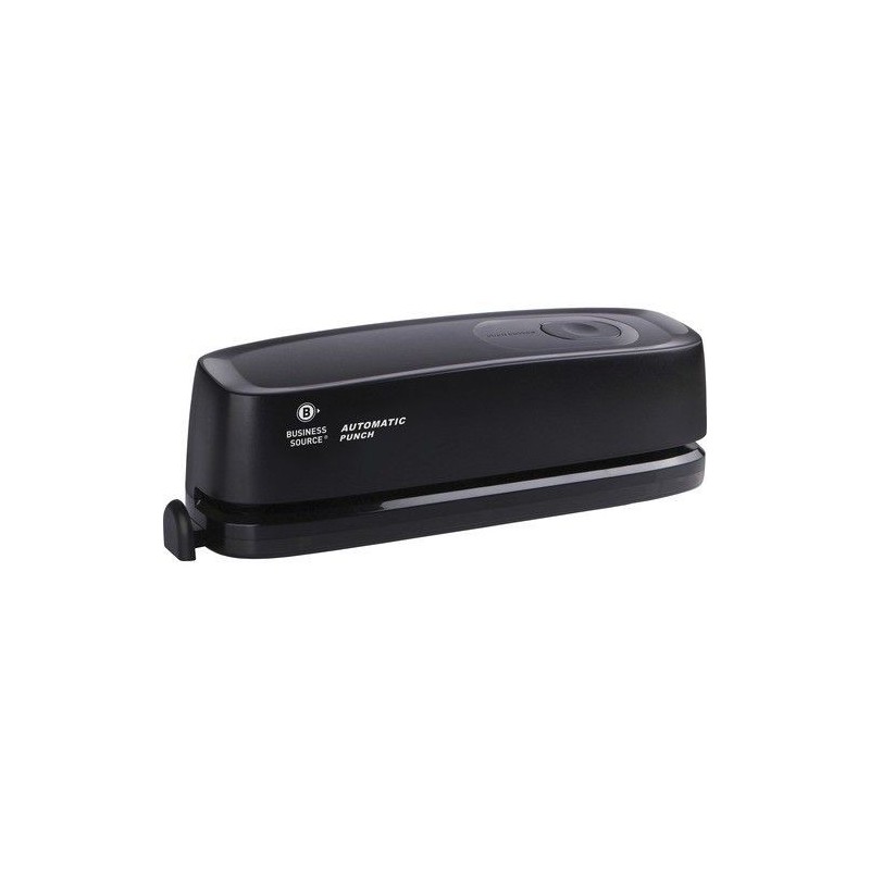 Perforadora Eléctrica de 3 Orificios, Business Source, Capacidad para 10 Hojas, Funciona con pilas AA o Adaptador, Color Negro