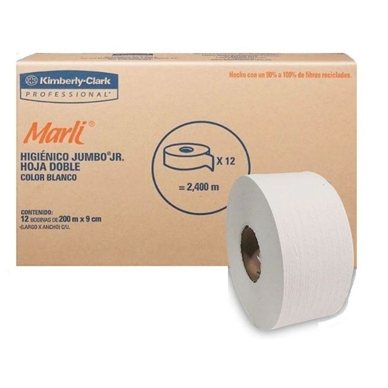 Higiénico Jumbo Jr. Blanco - Hoja Doble MARLI® 200 metros, 12 Rollos/caja.