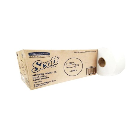 Higiénico Jumbo Jr. Blanco - Hoja Doble SCOTT® 500 metros, 6 Rollos/caja.