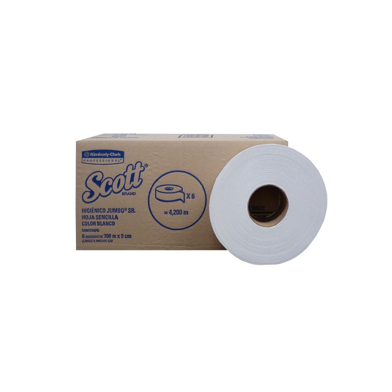 Higiénico Jumbo Sr. Blanco - Hoja Sencilla SCOTT® 700 metros, 6 Rollos/caja.