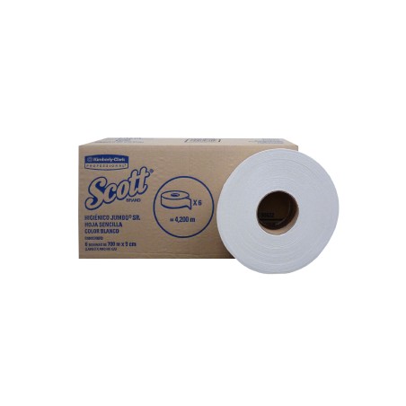 Higiénico Jumbo Sr. Blanco - Hoja Sencilla SCOTT® 700 metros, 6 Rollos/caja.