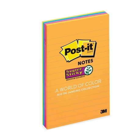 Notas Adhesivas con Rayas, 4'' X 6'' (10.16 x 15.24 cm), Post-It® Super Sticky, Colores Neón, Paq/3 con 45 c/u