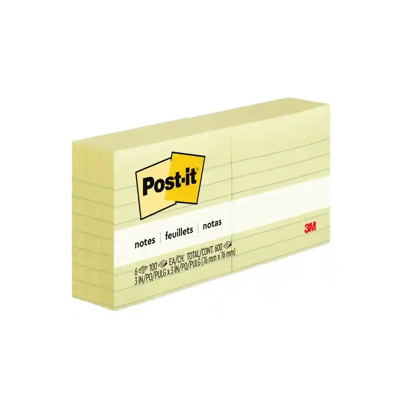 Notas Adhesivas 3’’ X 3’’ (7.62 X 7.60 Cm)  Post-It®, Color Amarillo, Rayado, Paq/6 Blocks con 100 c/u