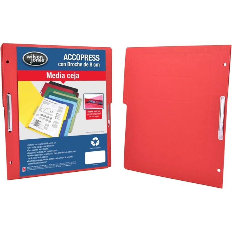 Folder Tamaño Carta, Media Ceja, Broche Metálico 8 cm, Color Rojo, Paquete/10