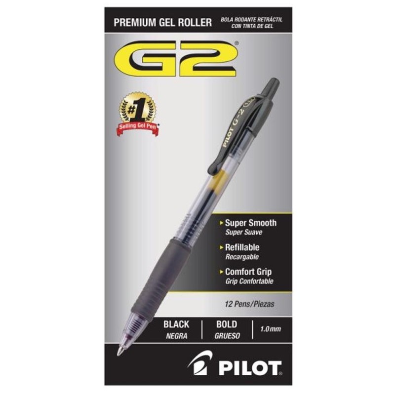 Bolígrafo de Gel Retráctil, Punto Mediano 1.0 mm, Pilot G2, Tinta Negra, Caja/12