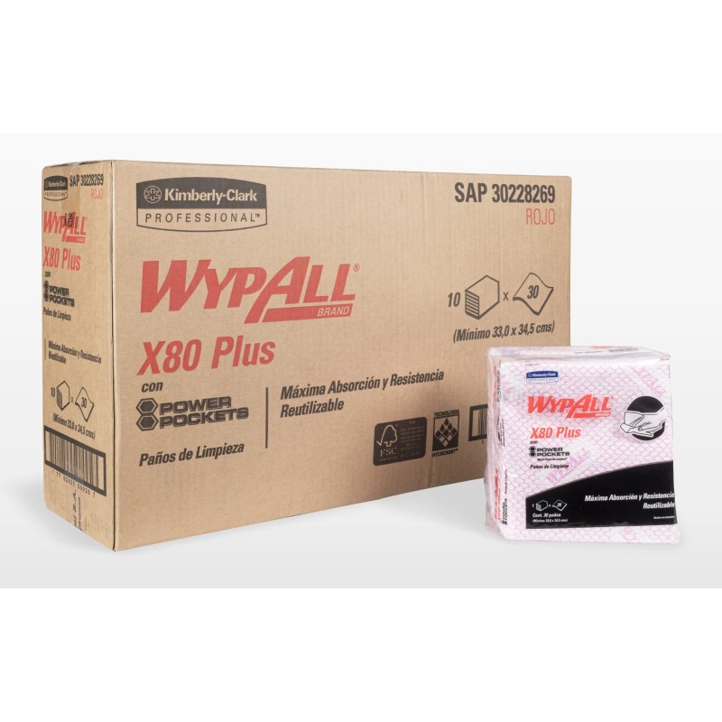 Wiper WYPALL® X80 Plus Food Service ROJO, Caja con 10 Pqquetes c/30
