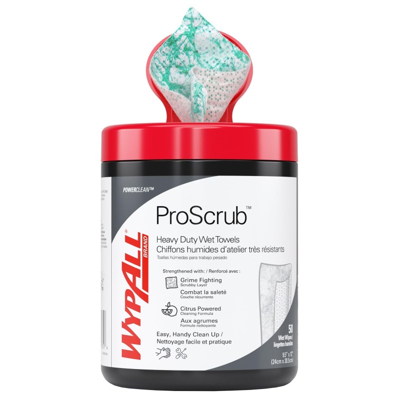 Wipers WypAll® Power Clean ProScrub™ Pre-Saturados, Bote con 50 Wipers