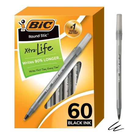 Bolígrafo Punto Mediano 1.0 mm, Bic® Round Stic Xtra Life, Tinta Negra, Caja/60