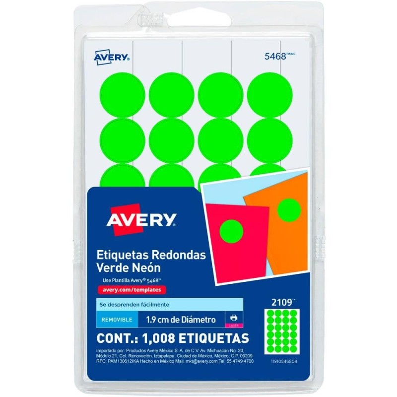 Etiqueta Redonda Verde Neón Removible Avery, Laser/Inkjet, 1.9 cm (3/4"), Paquete/1008
