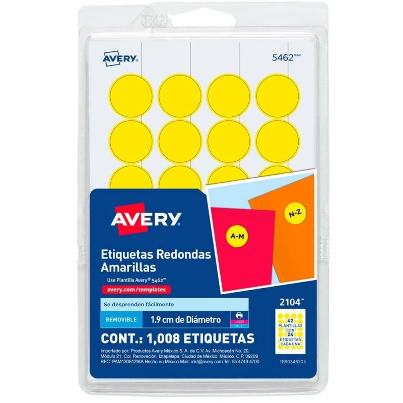 Etiqueta Redonda Amarilla Avery, Laser/Inkjet, 1.9 cm (3/4"), Paquete/1008