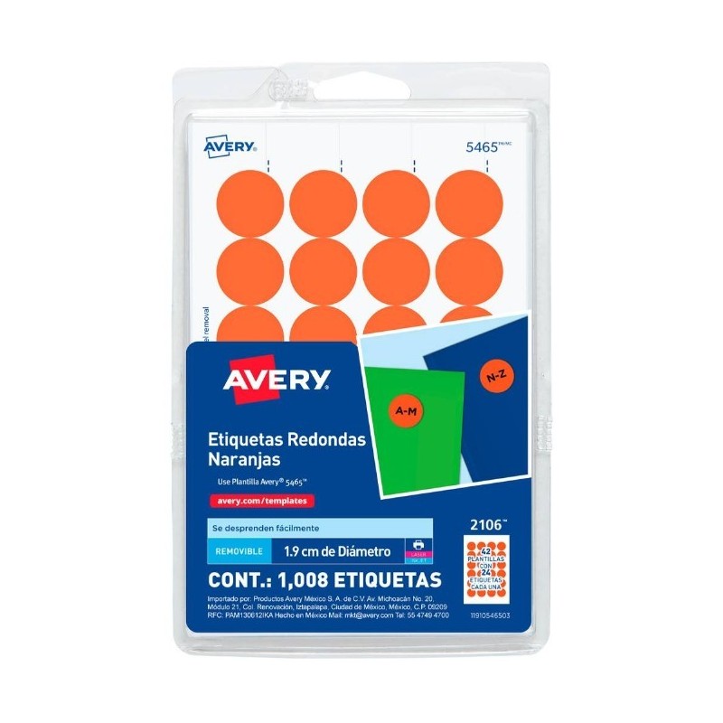 Etiqueta Redonda Naranja Avery, Laser/Inkjet, 1.9 cm (3/4"), Paquete/1008
