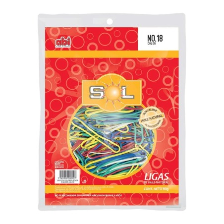 Ligas de Hule de Color No.18, Marca Sol, Bolsa/80 G