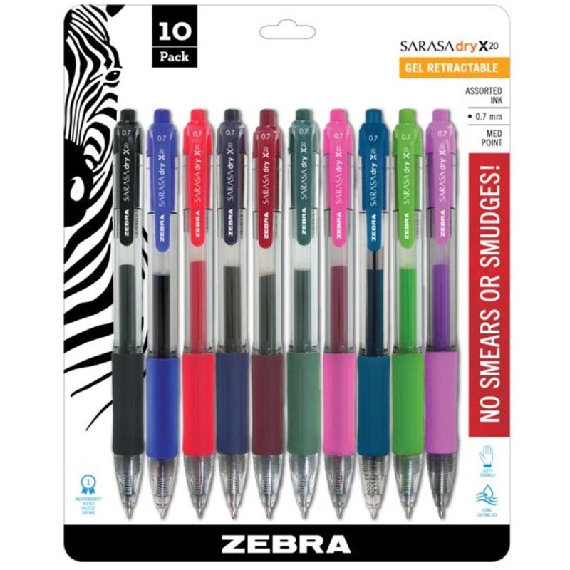 Bolígrafos de Gel Retráctiles, Punto Mediano 0.7 mm, Sarasa Dry Gel X20, Colores Variados, Paquete/10