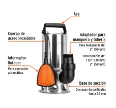Bomba Sumergible Acero Inoxidable, Agua Sucia, 1 Hp, Truper