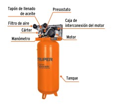 Compresor Lubricado de Aire, con Banda, Vertical 240L, 4HP, 220V Truper