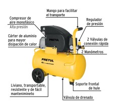 Compresor de Aire, Lubricado, Horizontal 40L, 3HP, 127V, Pretul