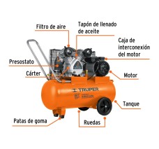 Compresor de Aire Lubricado, con Banda, Horizontal 60L, 4HP, 127V, Truper