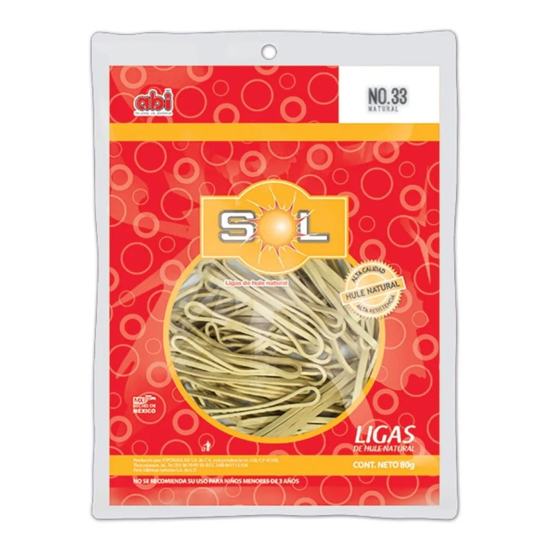 Ligas de Hule Natural No.33, Marca Sol, Bolsa/80 G