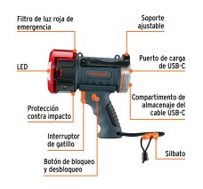 Linterna Reflectora Led 900 Lm, Recargable, Truper