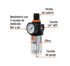 Filtro y Regulador, Presión de Aire, Cuerda 1/4" NPT, TRUPER