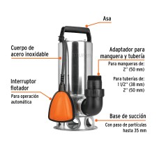 Bomba Sumergible de Acero Inoxidable Agua Sucia, 1-1/2HP Truper