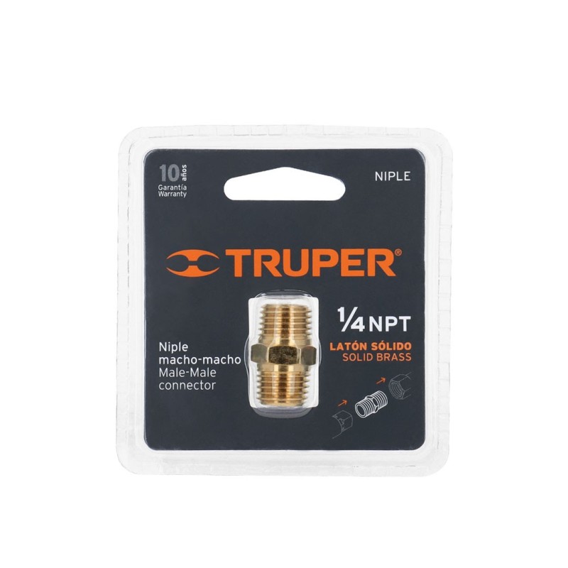 Niple de latón, macho-macho, cuerda 1/4" NPT, TRUPER