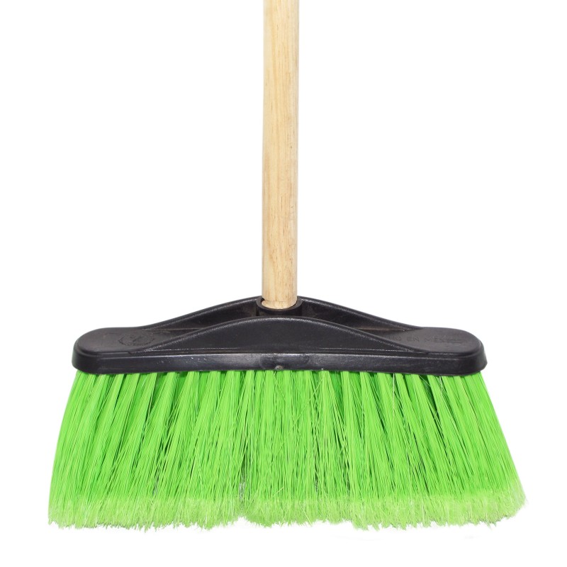 Escoba de Plástico de Cerdas Duras con Bastón de Madera
