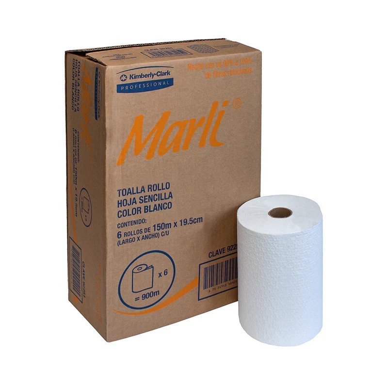Toalla en Rollo Blanca MARLI® 150 metros, 6 rollos/caja.