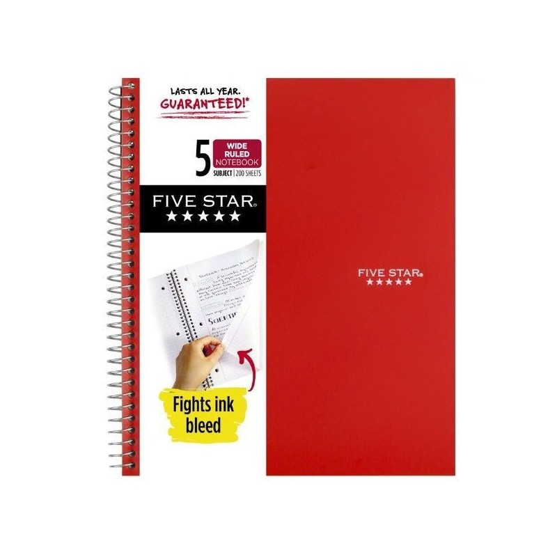Cuaderno De Espiral Five Star, 5 Materias, Rayas Anchas, Rojo, 200 Hojas