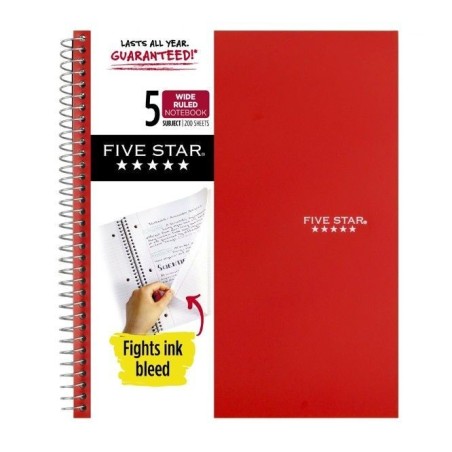 Cuaderno De Espiral Five Star, 5 Materias, Rayas Anchas, Rojo, 200 Hojas