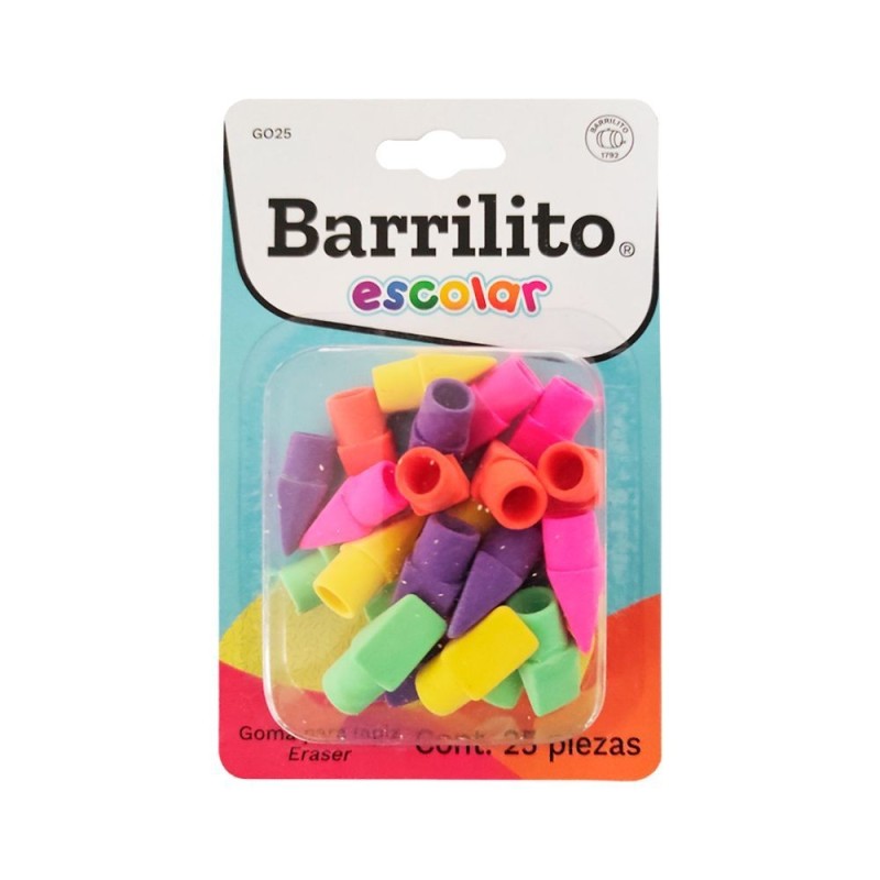 Borrador de Capuchon para Lápiz, Colores Surtidos, Barrilito,Paquete/25