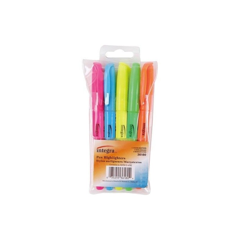 Resaltadores Fluorescentes Estilo Bolsillo Integra, Colores Neón Variados, Punta Cincel, Paquete/5