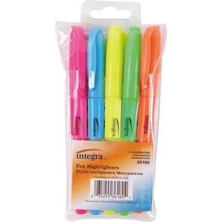 Resaltadores Fluorescentes Estilo Bolsillo Integra, Colores Neón Variados, Punta Cincel, Paquete/5