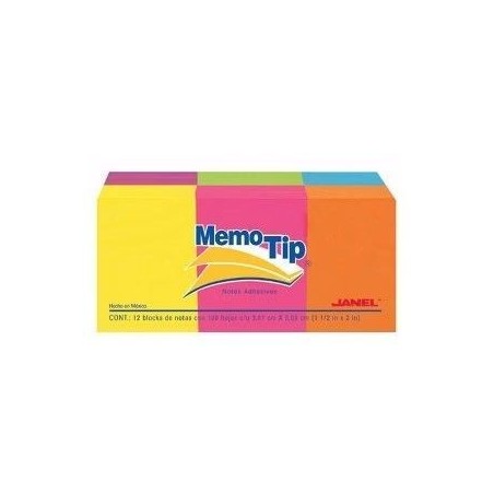 Notas Adhesivas Memo Tip , 1 1/2''  X 2'', Colores Neón, Paquete/12