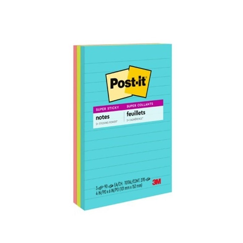 Notas Post-It Super Sticky, 4 X 6', Colores Neón , Rayadas, Paquete/3