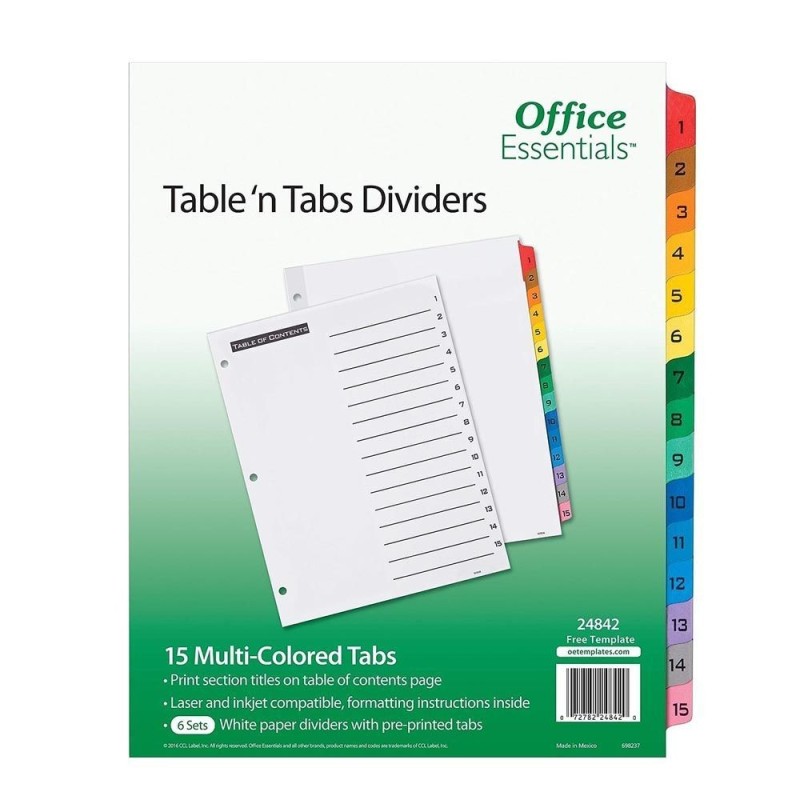Separadores para Hojas Tamaño Carta, Pestañas Numéricas 1-15 Multicolor, Paquete/15