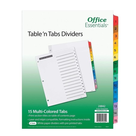 Separadores para Hojas Tamaño Carta, Pestañas Numéricas 1-15 Multicolor, Paquete/15