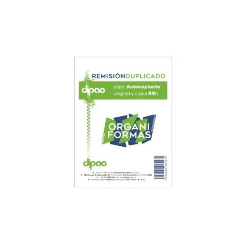Remisión Duplicado 1/8 Organiformas, Papel Autocopiante Original y Copia, Paquete/10 Blocks con 44 c/u